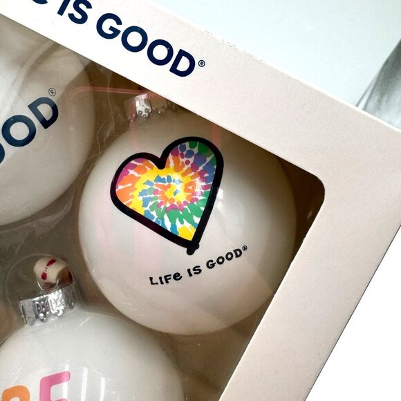 LIFE IS GOOD Set of 4 Decorative Glass Christmas Tree Ornaments 4 pack large si - Picture 4 of 8